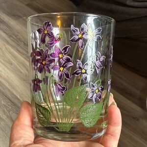 Vintage Cera Violet Old Fashioned Low Ball Rocks Glass Purple Flower Barware MCM